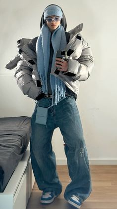 winter oufit, scarf hat, blanket scarf, light blue trendtvision puffer jacket silver jacket Layered Clothing Men, Blue Puffer Outfit, Blue Outfit Aesthetic Men, Scarf Outfit Men, Y2k Winter Outfits, Puffer Jacket Outfit Men, Winter Layering Outfits, Rave Outfits Men