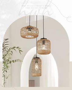 three wicker lamps hanging from the ceiling in a room with white walls and arches