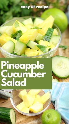 pineapple cucumber salad in a glass bowl on a cutting board with sliced cucumbers