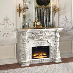 a white fireplace in a living room next to a mirror