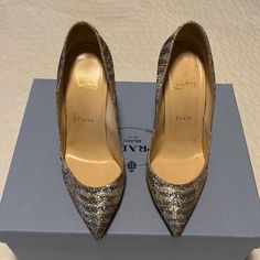 Christian Louboutin 38.5 Pigalle Follies 100 Used A Handful Of Times. Only Viable Damage On Right Heel As Pictured. These Are Collecting Dust In My Closet. Pigalle Follies, Christian Louboutin Shoes, Shoes Women Heels, Silver Gold, Christian Louboutin, Shoes Heels, The 100, Women Shoes, Heels