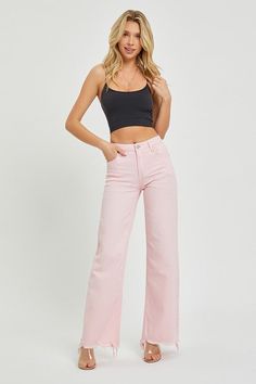 I hope you catch a glimpse of yourself in these color wide leg jeans today! The way you Jump Out in a crowd, wearing these high waist jeans...is truly inspiring! HIGH RISE WIDE LEG COLOR JEANS Non-distressed denim with a distressed hem. Rise 10" | Inseam 32'5" 1=25 3=26 5=27 7=28 9=29 11=30 13=31 15=32 FABRIC: 92% Cotton, 6% Polyester, 2% Spandex COLORS: Pale Yellow; Light Pink Ashley wears a 5. Colored Pants Outfits, Light Pink Jeans, Color Jeans, Jean Trends, Pink Jeans, Wide Jeans, Perfect Pink, Yellow Light, Pink Pants