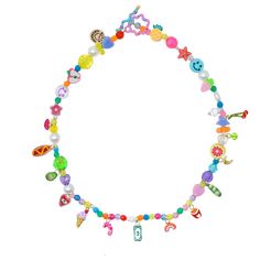 a multicolored beaded necklace with charms on it's sides and an embellishment in the middle