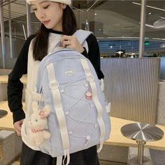 UAKISS - Preppy Style School Bags Women High-capacity Teenage Girls Canvas Backpacks Chic Fashion Bandage Design Rucksack Bolsas Length :30cm width :16cm height :44cm Harajuku Style Blue Backpack For Travel, Blue Harajuku Style Travel Backpack, Harajuku Style Blue Travel Backpack, Harajuku Style Blue Student Backpack, Blue Harajuku Style Backpack, Harajuku Style Blue Backpack, Harajuku Style Blue Standard Backpack, Blue Harajuku Backpack For Everyday Use, Blue Harajuku Style Backpack For Everyday Use