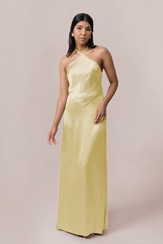 Model: Jacinth; Size: 4 Yellow Bridesmaid, Wedding Parties Colors, Yellow Bridesmaid Dresses, Bridesmaid Dress Colors, Fitted Silhouette, Halter Neckline, Satin Dress, Color Swatches, Bra Cups