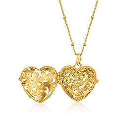 Ross-Simons - 18kt Gold Over Heart Locket Necklace, Diamond Accent. 18". Openwork swirls and a diamond accent decorate this sweet 18kt yellow gold over sterling silver heart locket necklace. For a special surprise, it opens to hold a 5/8" x 3/4" photo of your choice. Would make a lovely gift for a birthday, holiday or milestone. Suspends from a curb chain with a springring clasp. 18kt gold over sterling heart locket necklace. Diamond birthstones are the perfect gift for April birthdays. Elegant Medallion Heart Necklace As A Gift, Elegant Heart Pendant Locket Necklace With Filigree, Elegant Filigree Heart Pendant Locket Necklace, Elegant Gold Heart Necklace For Keepsake, Elegant Gold Heart Keepsake Necklace, Keepsake Yellow Gold Filigree Jewelry, Elegant Medallion Locket Necklace For Valentine's Day, Elegant Heart Medallion Necklace For Valentine's Day, Elegant Filigree Jewelry For Keepsake