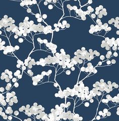 a blue background with white flowers on it