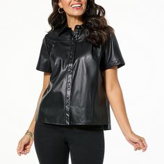 DG2 by Diane Gilman Faux Leather Short-Sleeve Button-Up Jacket A modern-day, versatile wardrobe staple, this faux leather short-sleeve shirt jacket adds an effortless cool-girl vibe to all your workday-to-weekend looks. Wear it open and layered or buttoned up and on its own, but either way it's a style statement you'll want to make again and again. Leather Button-up Tops With Button Closure, Spring Leather Tops With Button Closure, Fitted Leather Button-up Top, Fitted Faux Leather Tops For Work, Fitted Faux Leather Top For Work, Black Leather Button-up Top, Fitted Faux Leather Casual Tops, Fitted Casual Faux Leather Tops, Modern Button-up Fall Blouse