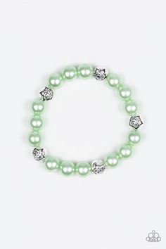 A collection of pearly green beads and floral silver beads are threaded along an elastic band around the wrist for a refined fashion. Sold as one individual bracelet. P9RE-GRXX-078XX ORDERED 15 MAY 19 Paparazzi Accessories Jewelry, Silver Pearl Bracelet, Refined Fashion, Green Bracelet, Green Pearls, Green Beads, Paparazzi Accessories, Elegant Bracelet, Affordable Jewelry