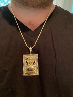 "Iced large Jesus Malverde pendant PENDANT ONLY, chains sold separately Saint of the poor and the narco-saint - very powerful amulet popularized in Sinaloa Will protect you from the bad and keep you safe! SUPER ICY! Solid 925 sterling silver...never turns green 2\" by 1.5\" (2.75\" w bale) Weighs 34 grams 14k gold option has real yellow gold bonded to natural silver Handmade in Italy Very detailed 3-D micropave design Gorgeous mix of round & baguette simulated diamond stones Fits chains up t Spiritual Pendant Jewelry With Rope Chain, Gold Dog Tag Chain Jewelry, 10k Gold Chain, Red Stone Ring, Colored Engagement Rings, Gold Bond, Turquoise Rings, Gold Bracelet Chain, Sterling Silver Mens