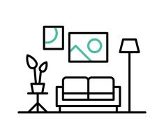 a line drawing of a living room with couch, table and lamp on the wall