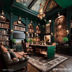 a living room filled with lots of furniture and bookshelves covered in green paint