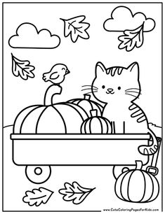 a black and white image of a cat in a wagon with pumpkins, leaves and acorns