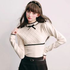 Lattice design ribbon elegant French tight knit – remulia Tulip Sweater, White Camellia, Black Tulips, High Waisted Maxi Skirt, Lattice Design, Knitted Tops, Sweater White, Knitted Top, White Sweaters