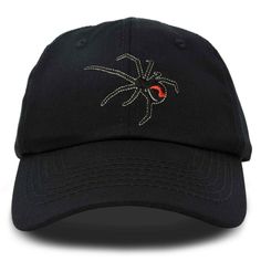 CUSTOM DESIGNED HAT - Black Widow embroidery on front panel using Premium Stitched Threading NATURAL COTTON AND COMFORTABLE - Made with 100% Washed Cotton , Soft on the Skin , Light Weight , Well Ventilated EASY TO ADJUST SIZING - Adult Mens / Womens, Adjustable 51 CM to 60 CM, fits Small , Medium , and Large ( S / M / L) PERFECT EVERYDAY HAT - Great for Personal Expression , Personality of a Black Widow, Great for Halloween themes Available in: Beige, Black, Gray, Khaki, Orange, Purple, Red, Wh Black Hat With Embroidered Logo And Curved Brim, Black Dad Hat With Embroidered Logo, Black Dad Hat With Embroidered Logo Flat Bill, Black Embroidered Cotton Trucker Hat, Black Brimmed Dad Hat, One Size, Black Embroidered Baseball Cap With Curved Brim, Black Embroidered Trucker Hat With Curved Brim, Black Cotton Halloween Hat, Embroidered Black Baseball Cap