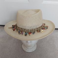 Fun Cream Colored Hat With A Brocade Headband That Has Lots Of Beads Dangling From The Band.The Band Is Removable, It Just Slips Off Easy. Inside Circumfrence Is 21" The Hat Is Brand New And Was Only Used For Display In My Store. Lv Hat Band, Bohemian Adjustable Headband Hat, Adjustable Beaded Hat Bands For Vacation, Adjustable Bead Caps Hats For Summer, Adjustable Summer Hats With Bead Caps, Summer Adjustable Hats With Bead Caps, Adjustable Beaded Summer Hats, Bohemian Beach Hats With Bead Caps, Bohemian Beaded Hat Bands For Vacation