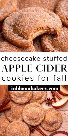 an apple cider cookies recipe with cinnamon sugar on top and apples in the background