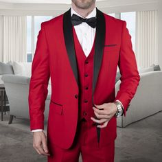 Mens Wool One Button Modern Fit Vested Shawl Tuxedo In Red Red Fitted Suit For Groom, Fitted Red Suit For Groom, Elegant Red Suits With Buttons, Classic Red Suit For Groom, Classic Red Suits For Groom, Red Notch Lapel Suits For Groom, Red Notch Lapel Suits For Grooms, Red Tailored Tuxedo For Groom, Red Semi-formal Blazer With Buttons