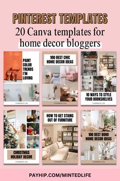 These 20 editable Canva templates are a must-have for home decor bloggers looking to increase Pinterest engagement. With easy-to-customize designs, you can create viral pins that drive traffic and improve your Pinterest marketing strategy.