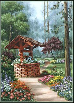 a painting of a gazebo surrounded by flowers and trees