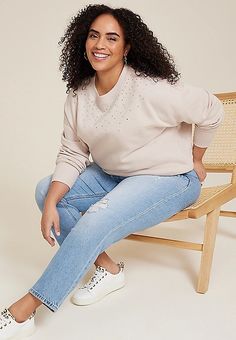 Plus Size edgely™ Rhinestone Embellished Relaxed Fit Sweatshirt | maurices Workout Sweatshirt, Holiday Dresses, Cropped Jeans