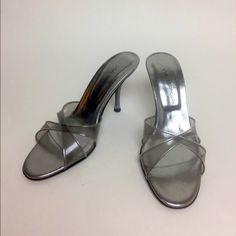 Like-New Via Spiga Transparent Slip-On Heels In Silver Gray, Size 6.5 Light Gray Pvc Upper, Metallic Gray Leather Trim Shimmery Silver Gray Heel Heel Height 3.5" Made In Italy As Worn By The Kardashian / Jenner Sisters Gorgeous And On Trend! Metallic Silver Heels With 4-inch Heel For Formal Occasions, Silver Closed Toe Heels With Padded Heel, Silver Heels With Padded Heel And Round Toe, Sleek Silver Sandals With Padded Heel, Silver Sleek Heels For Summer, Silver Sleek Summer Heels, Sleek Silver Summer Heels, Silver Sandals With 4-inch Heel And Round Toe, Spring Silver Heels With 4-inch Heel