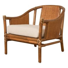 a wooden chair with a white cushion on it's back end and armrests