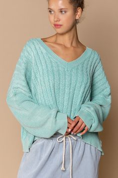 -Color: Mint -V-neck -Cable-knit -Long sleeves -Loose fit -Semi-cropped length -Ribbed on neck, cuffs and hem -Content: 100% Acrylic -Machine wash/ Lay flat to dry -Imported -Model is wearing a size Small Bts Clothes, Winter Girl, Semi Cropped, Hoodie Set, Winter Girls, Cute Fits, Modern Fashion, V Neck Sweater, Vneck Sweater