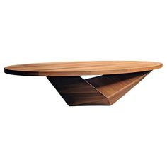 a wooden table with an unusual design on it's top and bottom part, in the shape of a triangle