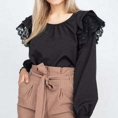 Good Quality Fabric The Fabric Has A Nice Stretch To It Embroidered Mesh Lace On The Sleeves Layered Ruffles On The Sleeves Back Key Hole Buttoned Cuffs Small- Bust: 22 1/2 In. Length: 21 In. Sleeve: 24 In. Hem: 23 In. Medium- Bust: 23 1/2 In. Length: 22 In.Sleeve: 24 In. Hem: 24 In. Large- Bust: 24 In. Length: 23 In. Sleeve: 26 In. Hem: 25 In. Black Tops With Lace Cuffs For Spring, Spring Blouse With Lace Lantern Sleeves, Spring Tops With Lantern Lace Sleeves, Spring Party Blouse With Lace Cuffs, Spring Tops With Lace Puff Sleeves, Spring Puff Sleeve Tops With Lace Sleeves, Spring Tops With Lace Cuffs And Lantern Sleeves, Spring Workwear Tops With Lace Sleeves, Spring Workwear Blouse With Lace Sleeves