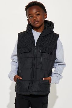 Available In Black And Brown. Nylon Puffer Vest Sleeveless Hooded Vest Full Zip Up Front Zip Pockets Shell: 100% Nylon, Lining: 100% Polyester Model Wears Size 10 Imported | Mini The Outside Puffer Vest With Hood in Black size 18 by Fashion Nova Puffer Vest With Hood, Kids Jackets, Hooded Vest, Boys Coat, Boys Jacket, Puffer Vest, Kids Jacket, Outerwear Jackets, Black Fashion