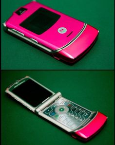 two pictures of a pink cell phone on a green surface with the same color as it appears