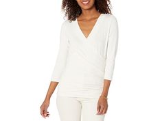 LAUREN Ralph Lauren Wrap-Style Jersey Top - Women's Clothing : Mascarpone Cream : Figure-flattering ruching elevates the romantic appeal of the LAUREN Ralph Lauren Wrap-Style Jersey Top which features a faux-wrap, and embroidered with Lauren's monogram for a signature finish. Long sleeve V-neck with a straight hemline an a slim fit. Intended to hit at the hip. 95% viscose, 5% elastane. Machine washable. Imported. Measurements: Length: 24 in Sleeve Length: 20 in Product measurements were taken us Mascarpone Cream, Jersey Top, Lauren Ralph Lauren, Wrap Style, Shirts Tops, Women's Clothing, Ralph Lauren, Monogram, Slim Fit