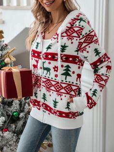 Women's Christmas Fleece Jacket Coat Holiday Outfits Christmas Cardigan Coat with Hoode Casual Winter Holiday Outerwear, Christmas Long Sleeve Outerwear, Casual Christmas Holiday Outerwear, White Long Sleeve Outerwear For Christmas, Casual Fall Outerwear For Holiday, Casual Fall Holiday Outerwear, Casual Holiday Outerwear, Casual Long Sleeve Holiday Outerwear, Holiday Long Sleeve Hoodie For Fall