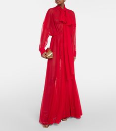 Chiffon gown in red - Norma Kamali | Mytheresa January Blues, Red Tights, Colour Trends, Color Trends Fashion, Tie Neck Blouse, Chiffon Gown, Norma Kamali, Wool Dress, Clothing Dresses