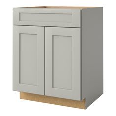 a white cabinet with two doors and one drawer on the bottom, in front of a white background