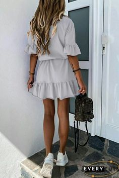 Ruffle Hem Solid V-Neck Dress(With Belt) Solid V-neck Mini Dress With Ruffle Hem, Gray V-neck Mini Dress For Summer, Casual Flowy V-neck Dress With Ruffle Hem, Casual V-neck Dress With Ruffle Hem And Flowy Fit, Flowy Ruffled V-neck Mini Dress, V-neck Mini Dress With Ruffles, Gray V-neck Solid Color Dress, Gray V-neck Dress Solid Color, Casual V-neck Mini Dress With Ruffle Hem