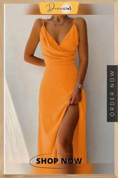 Playful and Breezy Dress Chic Long Dress In Solid Color, Elegant Solid Orange Dress, Elegant Orange Solid Color Dress, Summer Midi Dress For Night Out, Trendy Flowy Party Dresses, Chic Orange V-neck Midi Dress, Chic Orange Maxi Dress For Brunch, Trendy Solid Color Dress For Date Night, Flowy Trendy Midi Dress For Party