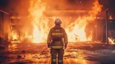 a firefighter standing in front of a large fire