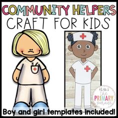 a girl and boy with the words community helpers craft for kids in front of them