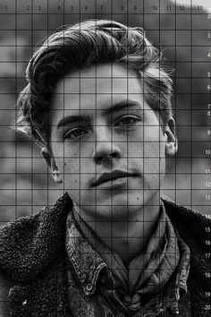 a black and white photo of a man's face in front of a grid