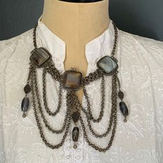 "MASSIVE ~ Antique Victorian ~ silver plated ~ Bezel set agate ~ Bib necklace ~ Necklace ends with simple \"J\" hook at the end ~ Very well made and probably by hand . Dates late 19th to early 20th century ~ Unsigned . Materials : silver plated metal (probably brass as base metal ) natural agate stone Measurement : Necklace chain measures 20 inches in approx length x 5 1/2 inches in approx drop length . Condition : Good antique condition with some minor less age related wear ~ Heavy age patina t Anodized Aluminum Jewelry, Karma Necklace, Aluminum Jewelry, Gold Chain Choker, Gold Necklace Simple, Long Silver Necklace, Constellation Necklace, Leather Corded Necklace, Dainty Gold Necklace