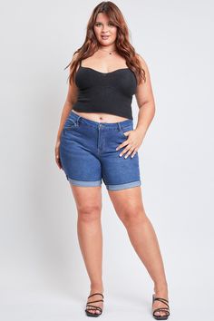 Upgrade your Summer wardrobe with our Women's Plus Curvy Fit High-Rise Jean Shorts With Rolled Cuffs. Featuring our highest rise and a narrower waist with a contoured band so you no longer have to worry about gapping! Our Curvy Fit is made with a little extra room in the hips and thighs to ensure the best fit. Featuring cuffed hems for a laid-back look. Perfect for any casual occasion, these shorts will quickly become a staple in your wardrobe. Pair with a bodysuit and sneakers for an easy-going look, or dress up with a floral blouse and sandals!Product Details: - 1-Button Closure with Zipper- Ultra-High-Rise- 5-Pocket Construction- Curvy Fit- Rolled CuffsSize & Fit (based on size 18)- Inseam (cuffed): 7”- Rise: 12”- Leg Opening: 26”- Model is wearing size 14Machine wash warm. Separately i Stretch Mid-rise Bottoms With Rolled Hem, Fitted Shorts With Rolled Hem, Ymi Jeans, Midnight Sky, Plaid Dress Shirt, Everyday Dresses, High Rise Jeans, Floral Blouse, Summer Wardrobe