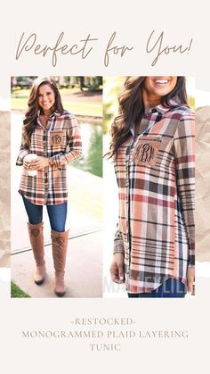 Plaid never looked so polished. Leave it to Marleylilly to design a tunic-length, flannel shirt with a classic button-down fit and monogrammed pocket embellishment. Available in three attractive earth-toned colors of plaid, this shirt is perfect with jeans or leggings in the fall. Add a pair of our duck or Sherpa boots, and you’ll be turning heads all day long. Womens Flannel Shirt Outfits Fall, Cute Legging Outfits Fall, Tunic Dress With Leggings, Sherpa Boots, Southern Belle Style, Flannel Shirt Outfit, Camouflage Fashion, Pink Plaid Shirt, Buffalo Plaid Shirt