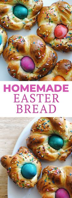 homemade easter bread with colorful eggs and sprinkles