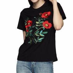 S: 36" Bust, 23" Length M: 37.5" Bust, 23.5" Length L: 39" Bust, 24" Length Xl: 41" Bust, 24.5" Length Cotton/Polyester. The Fabric Is Medium-Weight, Has Stretch. Black Embroidered Shirt For Spring, Spring Black Embroidered Shirt, Black Embroidered Crew Neck Top, Casual Black Shirt With Floral Embroidery, Black Embroidered T-shirt For Summer, Black Embroidered Short Sleeve Shirt, Black Embroidered Crew Neck T-shirt, Black Floral Embroidery Crew Neck T-shirt, Spring Black Shirt With Floral Embroidery