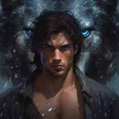 a man with blue eyes standing in front of a wolf