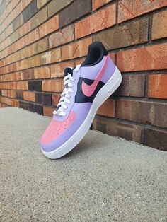 Custom Nike Air Force 1 hand painted purple and pink multicolored.  *Price includes shoes and shipping. *Please let me know if there is something you would like done differently. *Colors may look different from the screen and in person due to computer settings and lighting *Men and women Nike air force 1 are unisex so if size is not available in one it may be substituted for the other. Custom Nike Air Force 1, Custom Nike Air Force, Custom Air Force 1, Star Shoes, Custom Nikes, Custom Sneakers, Vibrant Design, Tie Shoes, Nike Air Force 1