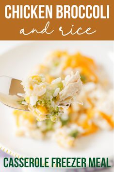 chicken broccoli and rice casserole freezer meal on a white plate