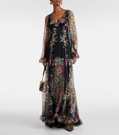 Floral silk chiffon gown in black - Etro | Mytheresa Silk Evening Dress With Floral Print, Formal Silk Chiffon Maxi Dress With Floral Print, Fitted Silk Evening Dress With Floral Print, Silk Evening Dress With Floral Print For Cocktail, Silk Floral Print Floor-length Evening Dress, Formal Fitted Silk Chiffon Dress, Silk Maxi Length Cocktail Gown, Silk Maxi Gown For Cocktail, Fitted Silk Chiffon Maxi Gown